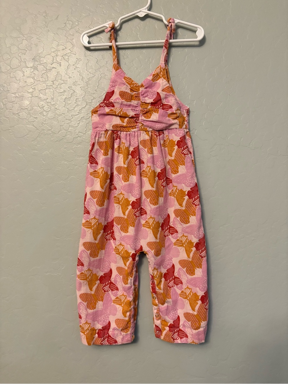 Kate Quinn pink and orange mod butterfly tie strap muslin cotton romper 18-24 mo